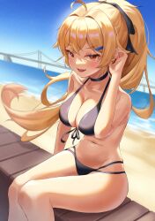 Rule 34 | 1girl, :d, absurdres, adjusting hair, ahoge, akgrn, arm support, bare shoulders, beach, bikini, black bikini, black choker, black ribbon, blonde hair, blue sky, blurry, blush, breasts, bridge, choker, cleavage, collarbone, commentary request, cowboy shot, crossed bangs, curvy, day, depth of field, double-parted bangs, eyelashes, fang, front-tie bikini top, front-tie top, hair between eyes, hair ornament, hair ribbon, hair spread out, hairclip, halterneck, hand up, highres, korean commentary, kwon latte, large breasts, long hair, looking at viewer, love delivery, navel, ocean, open mouth, outdoors, ponytail, red eyes, ribbon, seductive smile, shiny skin, sidelocks, sitting, sky, smile, solo, stomach, swimsuit, thighs, v-shaped eyebrows, very long hair