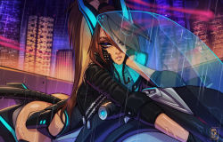 Rule 34 | 1girl, ass, belt, belt pouch, bent over, black leotard, blue horns, brown eyes, brown hair, cityscape, colored inner hair, commentary, cropped jacket, cyberpunk, dark-skinned female, dark skin, english commentary, head rest, helixel, helixel (helixel), highleg, highleg leotard, horns, jacket, leather, leather jacket, leotard, lips, long hair, looking away, motor vehicle, motorcycle, multicolored hair, nose piercing, nose ring, on motorcycle, original, parted lips, piercing, ponytail, pouch, rain, sleeves pushed up, solo, tail, thong leotard, two-tone hair, wet