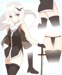 Rule 34 | 1girl, absurdres, bare shoulders, black footwear, black gloves, black panties, black shirt, black thighhighs, blue background, blue eyes, blush, boots, character sheet, closed mouth, gloves, groin, hair between eyes, hair ornament, hand on hilt, high heel boots, high heels, highres, katana, looking at viewer, multiple views, ninja, non (wednesday-classic), original, panties, scarf, shirt, short hair, sleeveless, sleeveless shirt, sword, thigh boots, thighhighs, two-tone background, underwear, weapon, white background, white hair, white scarf