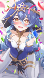 Rule 34 | 1girl, bare shoulders, black gloves, black skirt, blue hair, blue hood, blush, bracelet, breasts, circlet, claw ring, confetti, detached sleeves, drill hair, drill sidelocks, genshin impact, gloves, hair between eyes, highres, hood, hood up, jewelry, layla (genshin impact), long hair, long sleeves, looking at viewer, low twintails, medium breasts, neck ring, open mouth, pants, pointy ears, puffy long sleeves, puffy sleeves, sash, sidelocks, sitting, skirt, solo, thighlet, thighs, tight clothes, tight pants, twintails, tyenka7728, very long hair, wariza, white pants, yellow eyes