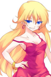 Rule 34 | 10s, 1girl, bad id, bad pixiv id, bare shoulders, blue eyes, bracelet, breasts, cleavage, dress, earrings, jewelry, long hair, naughty face, no bra, panty &amp; stocking with garterbelt, panty (psg), red dress, red skirt, skirt, small breasts, solo, vinashyra