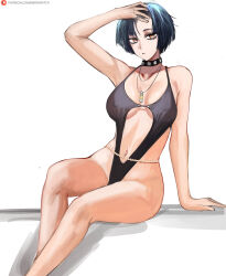 Rule 34 | 1girl, absurdres, breasts, choker, cleavage, highres, large breasts, medium breasts, nero watch, persona, persona 5, short hair, solo, swimsuit, takemi tae, thgihs, wide hips