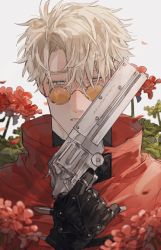 Rule 34 | 1boy, agl arms .45 long colt, bad id, bad twitter id, bbbb fex, black gloves, blonde hair, blue eyes, break-action revolver, coat, collar, commentary request, eyebrows, facing viewer, flower, glasses, gloves, gun, hair between eyes, handgun, highres, holding, holding gun, holding weapon, looking down, low bore axis revolver, male focus, parted lips, plant, red coat, red flower, revolver, round eyewear, sad, short hair, simple background, solo, sunglasses, trigun, upper body, vash the stampede, weapon, white background