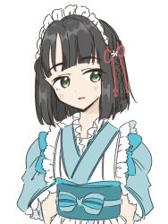 Rule 34 | 1girl, black hair, blue kimono, blush, bob cut, collar, commentary request, frilled collar, frills, green eyes, highres, japanese clothes, kimono, link! like! love live!, llkapital, looking to the side, love live!, maid headdress, momose ginko, obi, open mouth, sash, short hair, short sleeves, solo, upper body, virtual youtuber, white background