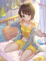 Rule 34 | 1girl, absurdres, bare shoulders, baseball cap, bed, blush, bow, breasts, brown hair, cleavage, collarbone, curtains, frilled shorts, frills, full body, green eyes, hair bow, hairband, hat, head tilt, highres, hololive, indoors, jacket, looking at viewer, medium breasts, midriff, navel, off shoulder, on bed, oozora subaru, open mouth, pajamas, poe (528yuzunon), short shorts, shorts, sitting, socks, solo, stomach, striped clothes, striped socks, stuffed animal, stuffed duck, stuffed toy, swept bangs, unworn headwear, virtual youtuber, wariza, window
