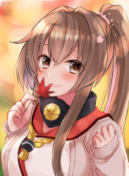 Rule 34 | 1girl, artist logo, beige cardigan, brown eyes, brown hair, cardigan, cherry blossoms, commentary request, dated, flower, hair flower, hair ornament, highres, kantai collection, kikumon, leaf, long hair, looking at viewer, mashiro yukiya, one-hour drawing challenge, open cardigan, open clothes, ponytail, smile, solo, upper body, yamato (kancolle)
