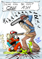 Rule 34 | 1girl, 2boys, angry, ash crimson, ash ketchum, ash williams, ashley williams, baseball cap, blood, bluestrikerbomber, chainsaw, creatures (company), crossover, death, english text, evil dead, evil smile, game freak, gen 1 pokemon, grey background, gun, hat, holding, holding chainsaw, holding gun, holding weapon, humor, imminent death, looking at another, looking down, looking up, multiple boys, name connection, nintendo, nosebleed, peril, pikachu, pokemon, pokemon (anime), pokemon (classic anime), pokemon (creature), power tool, scared, shotgun, simple background, smile, snk, speech bubble, standing, the king of fighters, the king of fighters xiii, tongue, tongue out, pee, watermark, weapon, white background