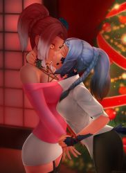 Rule 34 | 2girls, artist name, au ra, black legwear, black pants, blue hair, braid, breasts, christmas, christmas tree, closed eyes, commentary, commission, cowboy shot, earrings, fictional persona, final fantasy, final fantasy xiv, garter straps, hand on another&#039;s neck, height difference, highres, holding, holding another&#039;s wrist, holding mistletoe, hyur, jewelry, kiss, large breasts, medium breasts, mistletoe, multiple girls, off shoulder, pants, pink shirt, ponytail, raeenay, red hair, shirt, skirt, tail, taut clothes, thighhighs, thighs, tight clothes, tight pants, warrior of light (ff14), white shirt, white skirt, yellow eyes, yuri