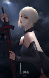 Rule 34 | 1girl, artoria pendragon (all), artoria pendragon (fate), blonde hair, blurry, blurry background, braid, brown eyeshadow, closed mouth, cloud, cloudy sky, dated, detached sleeves, eyelashes, eyeshadow, fate (series), frills, grey sky, hair between eyes, highres, holding, holding sword, holding weapon, light rays, long eyelashes, lu ka, makeup, orange eyes, platinum blonde hair, red lips, saber (fate), saber alter, signature, sky, solo, sunbeam, sunlight, sword, weapon