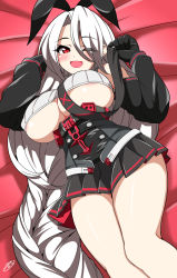 Rule 34 | (pak-front), 1girl, areola slip, azur lane, blush, breasts, gloves, highres, large breasts, long hair, looking at viewer, lying, on back, one eye closed, open mouth, prinz heinrich (azur lane), red eyes, sayossa, skirt, smile, solo, thighs, underboob, very long hair, white hair, wink