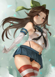 Rule 34 | 1girl, black neckerchief, black panties, blue sailor collar, blue skirt, blush, bow, breasts, brown eyes, brown hair, closed mouth, cosplay, elbow gloves, from below, gloves, green bow, highleg, highleg panties, jintsuu (kancolle), kantai collection, long hair, midriff, miniskirt, navel, neckerchief, panties, sailor collar, school uniform, serafuku, shimakaze (kancolle), shimakaze (kancolle) (cosplay), sidelocks, simple background, skirt, small breasts, solo, striped clothes, striped thighhighs, thighhighs, toka (marchlizard), underwear, white gloves