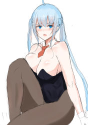Rule 34 | 1girl, absurdres, ahoge, bare shoulders, blue eyes, blue hair, blush, breasts, cleavage, closers, highres, large breasts, leotard, long hair, looking at viewer, open mouth, pantyhose, playboy bunny, sitting, solo, twintails, violet (closers)