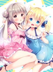 Rule 34 | 2girls, :d, animal ear fluff, animal ears, bare shoulders, blonde hair, blue bow, blue dress, blue eyes, blue flower, blue footwear, blush, bow, brown eyes, brown footwear, cat ears, cat girl, cat tail, commentary request, detached sleeves, dress, fang, flower, frilled dress, frills, grey hair, hair bow, hair bun, hair flower, hair ornament, hand up, highres, index finger raised, irori, long hair, multiple girls, off-shoulder dress, off shoulder, open mouth, original, parted lips, pink dress, pink flower, pink sleeves, puffy short sleeves, puffy sleeves, shoes, short sleeves, sleeveless, sleeveless dress, smile, sundress, tail, twintails, very long hair