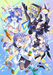Rule 34 | &gt; &lt;, + +, 1girl, :d, :p, ;d, absurdres, animal ears, animal hands, armpits, backless dress, backless outfit, bare shoulders, black dress, black footwear, black gloves, black headwear, black leotard, black thighhighs, blue footwear, blue hair, blue jacket, blue nails, braid, breasts, brown pantyhose, closed eyes, closed mouth, coin, commentary request, controller, detached sleeves, dress, explosive, fake animal ears, fishnet thighhighs, fishnets, fur-trimmed gloves, fur-trimmed sleeves, fur trim, game controller, gloves, grenade, hat, hayakawa harui, high heels, highres, hololive, jacket, leotard, long sleeves, medium breasts, mini hat, mini top hat, multicolored hair, multiple views, nail polish, one eye closed, open clothes, open jacket, open mouth, pantyhose, paw gloves, pekomon (usada pekora), puffy short sleeves, puffy sleeves, rabbit-shaped pupils, rabbit ears, revision, rocket launcher, shirt, shoe soles, shoes, short sleeves, skirt, sleeveless, sleeveless dress, slot machine, smile, socks, strapless, strapless dress, strapless leotard, symbol-shaped pupils, thighhighs, tilted headwear, tongue, tongue out, top hat, twin braids, twintails, two-tone hair, usada pekora, usada pekora (1st costume), usada pekora (casual), usada pekora (furi furi bunny dress), virtual youtuber, weapon, white dress, white footwear, white hair, white shirt, white skirt, white sleeves, white socks, xd