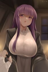 Rule 34 | 1boy, 1girl, absurdres, bandaged hand, bandages, black robe, blunt bangs, breasts, commentary request, dress, fern (sousou no frieren), highres, indoors, j.c.14, large breasts, long hair, open mouth, partial commentary, pov, pov hands, purple eyes, purple hair, robe, solo focus, sousou no frieren, stark (sousou no frieren), white dress