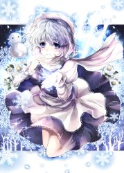 1girl blue_eyes female_focus hat highres kotonoman letty_whiterock scarf silver_hair snowflakes snowman solo touhou white_scarf