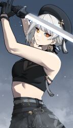 Rule 34 | 1girl, bare shoulders, belt, black gloves, breasts, cleavage, crop top, earrings, gloves, grey hair, hat, high-waist skirt, highres, holding, holding sword, holding weapon, jewelry, jon eve, looking at viewer, sanhua (wuthering waves), skirt, solo, sword, symbol-shaped pupils, tacet mark (wuthering waves), weapon, wuthering waves