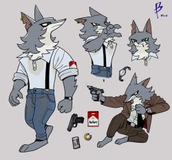 Rule 34 | 1boy, belt, black necktie, bright pupils, brown suit, character sheet, cigarette, cigarette pack, claws, closed mouth, denim, earrings, firing, formal, furry, furry male, golaegun, green eyes, grey background, gun, handgun, highres, holding, holding weapon, jeans, jewelry, lighter, male focus, mouth hold, multiple views, necktie, no shoes, original, overalls, pants, pistol, shell casing, simple background, sleeves rolled up, smile, suit, watch, weapon, white pupils, wolf boy, wristwatch