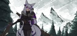 Rule 34 | 1girl, animal ears, black gloves, black pantyhose, black sweater, cigarette, commentary, cowboy shot, english commentary, female focus, forest, fox ears, fur trim, gloves, glowing, glowing eyes, grey jacket, gun, hair ornament, highres, holding, jacket, long sleeves, looking at viewer, mountain, nature, original, outdoors, pantyhose, shizu fuwamiya (shuuko), shuuko (s h uuko), snow, snowing, solo, standing, sweater, tree, weapon
