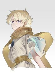 Rule 34 | 1boy, azarashi ball, baggy clothes, blonde hair, blue eyes, blush, bright pupils, fate/grand order, fate (series), glowing, gradient background, highres, looking at viewer, looking back, male focus, open mouth, parted bangs, robe, scarf, short sleeves, simple background, sky, smile, solo, sparkle, upper body, voyager (fate), voyager (first ascension) (fate), yellow scarf