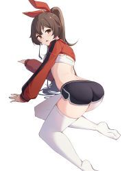 Rule 34 | 1girl, absurdres, all fours, amber (genshin impact), arched back, ass, black shorts, breasts, brown hair, crop top, from behind, genshin impact, hair ribbon, highres, long hair, long sleeves, looking at viewer, looking back, midriff, no shoes, open mouth, orange eyes, ponytail, ribbon, short shorts, shorts, shrug (clothing), simple background, small breasts, solo, sports bra, thighhighs, thighs, white background, white thighhighs, ziro (zirorong)