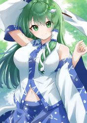 Rule 34 | 1girl, absurdres, aftamc, arm up, bare shoulders, blue skirt, blush, breasts, clenched hand, collared shirt, cowboy shot, detached sleeves, frog hair ornament, green eyes, green hair, hair between eyes, hair ornament, hair tubes, hands up, happy, highres, kochiya sanae, large breasts, long hair, looking at viewer, midriff, midriff peek, navel, nontraditional miko, outdoors, partially unzipped, shirt, skirt, smile, snake hair ornament, solo, touhou, white shirt, wide sleeves