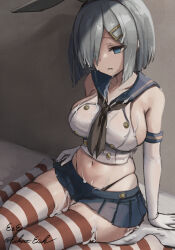 Rule 34 | 1girl, black panties, blue eyes, blue neckerchief, blue sailor collar, blue skirt, bob cut, breasts, buttons, collared shirt, commentary request, cosplay, crop top, cum, cum on body, cum on breasts, cum on clothes, cum on legs, cum on upper body, detached sleeves, double-breasted, eckert&amp;eich, elbow gloves, empty eyes, facial, female focus, gloves, grey hair, hair ornament, hair over one eye, hairband, hairclip, hamakaze (kancolle), highleg, highleg panties, highres, kantai collection, large breasts, medium hair, microskirt, midriff, muted color, neckerchief, one-hour drawing challenge, panties, parted lips, pleated skirt, sailor collar, sash, school uniform, serafuku, shimakaze (kancolle), shimakaze (kancolle) (cosplay), shirt, sideboob, sitting, skindentation, skirt, sleeveless, sleeveless shirt, solo, striped clothes, striped thighhighs, thighhighs, undersized clothes, underwear, wariza, white gloves, zettai ryouiki