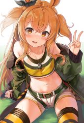 Rule 34 | 1girl, :d, absurdres, animal ears, arm support, bare shoulders, belt, crop top, dog tags, fur trim, green jacket, hair ribbon, hand up, highres, horse ears, j young, jacket, long sleeves, mayano top gun (umamusume), midriff, navel, off shoulder, open clothes, open jacket, open mouth, orange eyes, orange hair, ribbon, shirt, short shorts, shorts, simple background, sitting, sleeveless, sleeveless shirt, smile, solo, stomach, sweat, thighhighs, thighs, two side up, umamusume, v, white background, white shorts, yellow shirt, yellow thighhighs