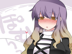 1girl :o blush breasts brown_eyes brown_hair commentary_request female_focus gradient_hair half-closed_eyes hammer_(sunset_beach) heart hijiri_byakuren large_breasts looking_at_viewer matching_hair/eyes multicolored_hair open_mouth purple_hair ricocheting solo text_focus touhou translation_request