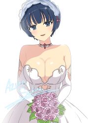 Rule 34 | 1girl, absurdres, armpit crease, azuresakura, bare shoulders, blue eyes, blue hair, blunt bangs, blush, bouquet, bowl cut, breasts, bride, choker, cleavage, clothing cutout, dress, elbow gloves, flower, gloves, headdress, heart cutout, highres, holding, holding bouquet, lace, lace-trimmed dress, lace trim, large breasts, leaf, looking at viewer, open mouth, pink flower, pink rose, rose, senran kagura, senran kagura new link, senran kagura shinovi versus, shiny skin, short hair, signature, simple background, smile, solo, strapless, strapless dress, wedding dress, white background, white choker, white dress, white gloves, white headdress, yozakura (senran kagura)