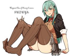 Rule 34 | 10s, 1girl, aqua eyes, aqua hair, asakawa (outeq), bad id, bad twitter id, badge, blazer, blush, bow, bowtie, breasts, brown thighhighs, buttons, commentary, frilled skirt, frills, full body, green eyes, green hair, hair between eyes, hair ornament, hair over shoulder, hairclip, jacket, kantai collection, long hair, looking at viewer, nail polish, no shoes, open mouth, pleated skirt, red bow, red bowtie, round teeth, school uniform, simple background, sitting, skirt, sleeves rolled up, smile, solo, suzuya (kancolle), teeth, thighhighs, thighs, white background