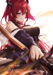 Rule 34 | 1girl, arknights, bare shoulders, breasts, cleavage, commentary, demon girl, expulse, hair between eyes, highres, holding, holding sword, holding weapon, horns, large breasts, long hair, long sleeves, looking at viewer, pouch, purple eyes, red hair, reverse grip, smile, solo, surtr (arknights), sword, v-shaped eyebrows, very long hair, weapon, white background