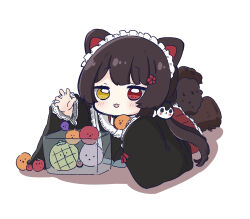 Rule 34 | 1girl, :d, animal ears, black hair, black kimono, blush, brown footwear, chibi, colored shadow, commentary, dog ears, dog girl, dog hair ornament, dog tail, flower, full body, hair flower, hair ornament, heterochromia, highres, inui toko, inui toko (1st costume), japanese clothes, kimono, long hair, long sleeves, looking at viewer, low twintails, nijisanji, nozo (hitomiz), open mouth, paw shoes, pleated skirt, red eyes, red flower, red skirt, shadow, simple background, skirt, smile, solo, suika game, tail, twintails, very long hair, virtual youtuber, white background, wide sleeves, yellow eyes