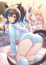 Rule 34 | 2girls, animal ears, ass, blue bow, blue eyes, blue hoodie, blue socks, blush, bottle, bow, brown hair, colored inner hair, commentary request, daitaku helios (umamusume), ear bow, ear ornament, facial tattoo, food, food in mouth, from behind, gold city (umamusume), highres, hood, hood down, hoodie, horse ears, horse girl, horse tail, indoors, long hair, looking back, medium hair, multicolored hair, multiple girls, pajamas, pocky, pocky in mouth, ponytail, socks, streaked hair, tail, tattoo, twitter username, ugura (ugurax), umamusume, yellow eyes