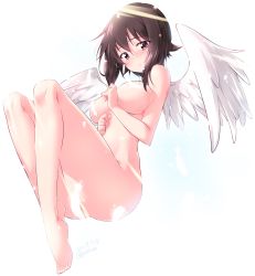 Rule 34 | 1girl, angel, angel wings, barefoot, blush, breasts, brown eyes, brown hair, censored, closed mouth, commentary, dated, feathered wings, feathers, floating, full body, girls und panzer, highres, kuzuryuu kennosuke, legs, light censor, light particles, looking at viewer, medium breasts, nishizumi maho, nude, short hair, simple background, smile, solo, twitter username, white background, white wings, wings