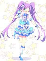 Rule 34 | 1girl, ahoge, aqua eyes, bad id, bad pixiv id, boots, cross-laced footwear, dress, hair ornament, kurono yuzuko, long hair, magical girl, manaka laala, multicolored clothes, multicolored dress, one eye closed, open mouth, pretty series, pripara, puffy short sleeves, puffy sleeves, purple hair, short sleeves, smile, solo, standing, standing on one leg, star (symbol), twintails, v, very long hair, wrist cuffs