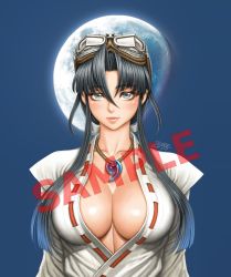 Rule 34 | 1girl, black hair, breasts, cleavage, goggles, goggles on head, highres, japanese clothes, jewelry, large breasts, long hair, looking at viewer, magatama, magatama necklace, miko, necklace, sample watermark, sengoku ace, togashi koyori, watermark