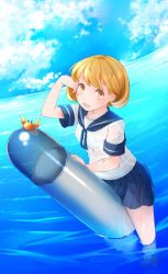 Rule 34 | 10s, 1girl, bandaid, bandaid on arm, bandaid on face, blue skirt, blue sky, brown eyes, cloud, cloudy sky, comah, crab, day, kantai collection, light brown hair, looking at viewer, oboro (kancolle), open mouth, pet, pleated skirt, school uniform, see-through, serafuku, shirt, short hair, skirt, sky, solo, torpedo, uniform, water, wet, wet clothes, wet shirt