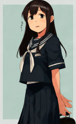 Rule 34 | 1girl, akagi (kancolle), alternate costume, banned artist, blue sailor collar, blue serafuku, blue skirt, breasts, brown eyes, brown hair, holding, kantai collection, long hair, looking at viewer, makio (makiomeigenbot), name tag, neckerchief, parted lips, pleated skirt, sailor collar, school uniform, serafuku, short hair, simple background, skirt, small breasts, solo, two-tone background, white neckerchief