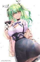 Rule 34 | 1girl, absurdres, antlers, black choker, black skirt, blue ribbon, breasts, cardigan, ceres fauna, ceres fauna (jirai kei), choker, cleavage, corset, earrings, falling petals, flower, glasses, green hair, hair flower, hair ornament, hair ribbon, hanh chu, high-waist skirt, highres, hololive, hololive english, horns, jewelry, jirai kei, large breasts, long hair, long sleeves, looking at viewer, mole, mole under eye, official alternate costume, petals, ribbon, see-through, shirt, short twintails, simple background, skirt, smile, solo, twintails, two side up, virtual youtuber, white background, white shirt, yellow eyes