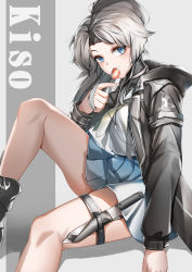 Rule 34 | 1girl, absurdres, black jacket, blue eyes, blue skirt, candy, character name, closed mouth, food, grey hair, highres, holding, holding candy, holding food, holding lollipop, hood, hooded jacket, jacket, kiso (warship girls r), knee up, knife sheath, knife sheath, lollipop, long hair, looking at viewer, lubikaya, necktie, open clothes, open jacket, sheath, shirt, simple background, sitting, skirt, solo, warship girls r, white shirt