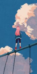 Rule 34 | 1girl, absurdres, arms at sides, blue background, blue jacket, blue sky, chainsaw man, cloud, highres, horns, jacket, long hair, looking afar, pink hair, power (chainsaw man), red footwear, red horns, seesaw, seisyunbotdesu, shirt, shorts, simple background, sky, solo, white shirt