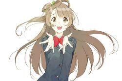 Rule 34 | 10s, 1girl, :d, bad id, bad twitter id, blazer, blonde hair, bow, bowtie, brown hair, green bow, grey hair, hair bow, jacket, jpeg artifacts, long sleeves, looking at viewer, love live!, love live! school idol project, minami kotori, one side up, open mouth, outstretched arms, pako (pakosun), red bow, red bowtie, ribbon, school uniform, simple background, smile, solo, striped bow, striped bowtie, striped clothes, striped neckwear, uniform, upper body, white background, yellow eyes, ||/