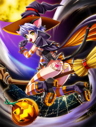 Rule 34 | animal ears, ass, bad id, bad pixiv id, blue hair, broom, broom riding, candy, cat ears, cat tail, earrings, elbow gloves, food, gloves, hat, jack-o&#039;-lantern, jewelry, licking, lollipop, moon, neko coon, original, panties, pumpkin, short hair, solo, striped clothes, striped panties, striped thighhighs, tail, tattoo, thighhighs, tongue, underwear, witch hat, yellow eyes