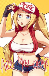 Rule 34 | 1girl, bare shoulders, blonde hair, blue eyes, breasts, bright pupils, cleavage, collarbone, commentary, cowboy shot, crop top, denim, denim shorts, english commentary, english text, fatal fury, fingerless gloves, genderswap, genderswap (mtf), gloves, hand on own hip, hat, highres, large breasts, long hair, lyn (shunao), navel, open mouth, panties, polka dot, polka dot background, ponytail, short shorts, shorts, snk heroines: tag team frenzy, terry bogard, unbuttoned, underwear, yellow background, zipper