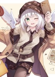 Rule 34 | 1girl, belt, brown belt, brown coat, brown hat, brown necktie, brown pantyhose, coat, collared shirt, feathered wings, green eyes, hand up, hat, highres, holding, holding letter, kure~pu, letter, looking at viewer, necktie, one eye closed, open clothes, open coat, open mouth, original, oshirase-chan (kure~pu), pantyhose, shirt, short hair, smile, solo, standing, white hair, white wings, wings