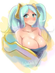 Rule 34 | 10s, 1girl, 2016, absurdres, aqua eyes, aqua hair, bare shoulders, breasts, cleavage, dated, highres, huge breasts, large breasts, league of legends, looking at viewer, lslee, smile, solo, sona (league of legends)