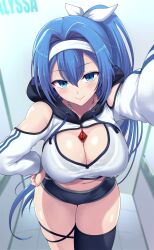 Rule 34 | 1girl, absurdres, blue eyes, blue hair, blush, breasts, cleavage, commission, highres, jewelry, kasai shin, large breasts, long hair, looking at viewer, necklace, original, pixiv commission, ponytail, smile, solo, sports bra, sportswear, thick thighs, thigh strap, thighhighs, thighs