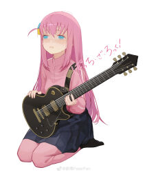 Rule 34 | 1girl, absurdres, black socks, blue eyes, blue skirt, blush, bocchi the rock!, copyright name, cube hair ornament, electric guitar, full body, furrowed brow, gotoh hitori, guitar, hair between eyes, hair ornament, highres, holding, holding instrument, instrument, jacket, kneehighs, long hair, long sleeves, miniskirt, no shoes, one side up, open mouth, pants, peter pan (adtc7243), pink hair, pink jacket, pink pants, pleated skirt, shaded face, shoes, sitting, skirt, socks, solo, sweat, track jacket, wariza, weibo logo, weibo watermark, white background