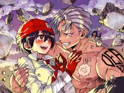 Rule 34 | 1boy, 1girl, abs, andy (undead unluck), black hair, blush, carrying, carrying person, couple, crying, crying with eyes open, highres, izumo fuuko, muscular, muscular male, nipples, pectorals, rusky, short hair, tagme, tears, undead unluck, white hair